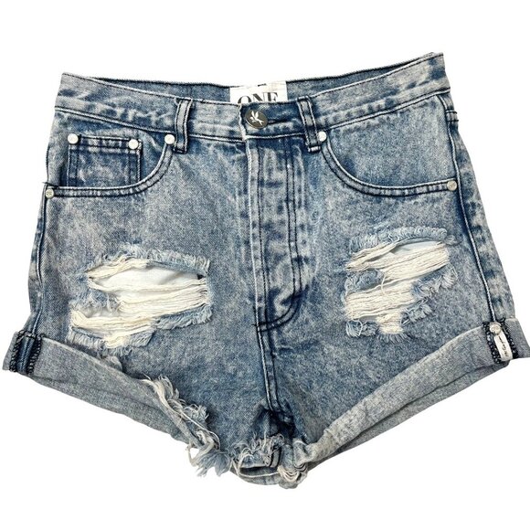 One Teaspoon denim jean shorts distressed ripped Rolled hem High Rise Size 24 - Picture 1 of 10